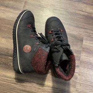 Rieker Cordula Ankle Boots Womens Sz 8.5/39 Black Red Leather Lace-Up Zipper New